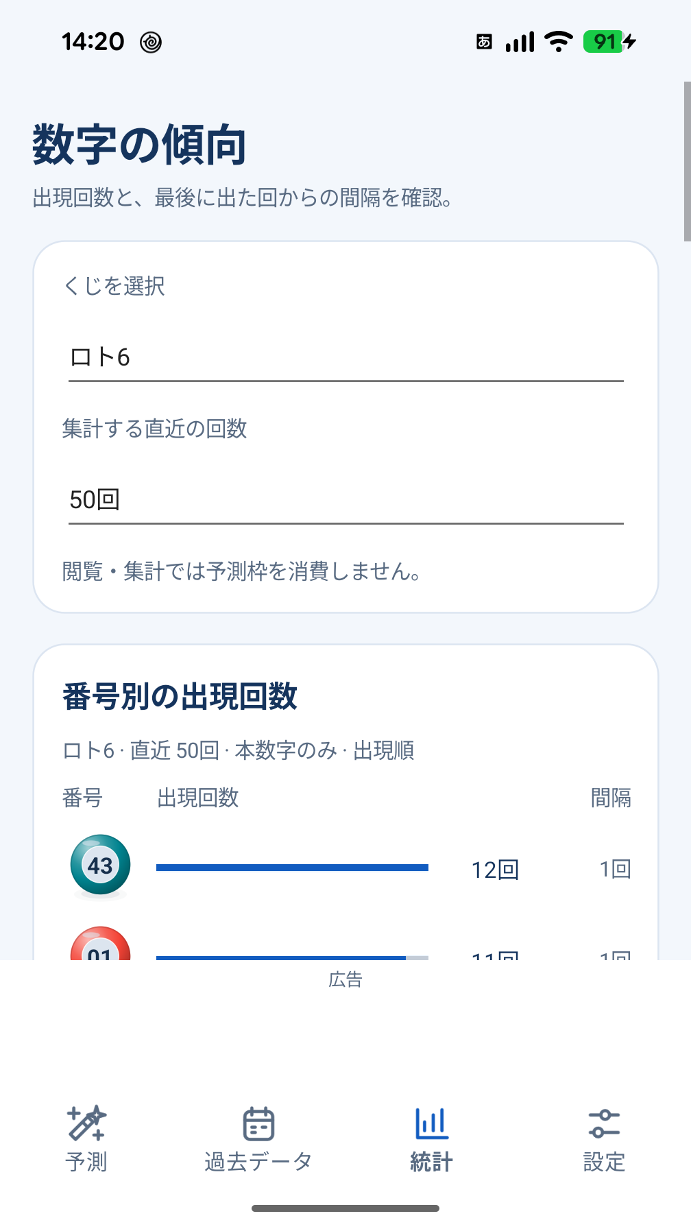 数字の統計を確認する画面